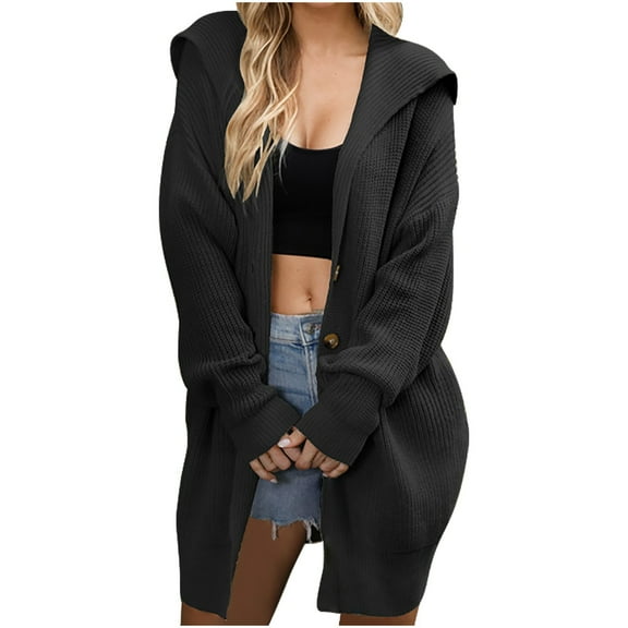UYISJ Womens Chunky Cable Knit Long Cardigan Warm Open Front Sweaters Hooded Knitted Sweater Button Down Outerwear Coats M