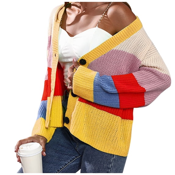 UYISJ Womens Color Block Cardigan V Neck Button Up Oversized Long Sleeve Fall Open Front Cable Knit Sweater Coat Yellow M