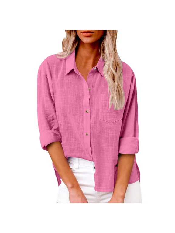 Womens Cotton Linen Button Down Shirt 2024 Spring Casual Long Sleeve Blouse Solid Color Shirts Loose Work Tops with Pockets Pink S