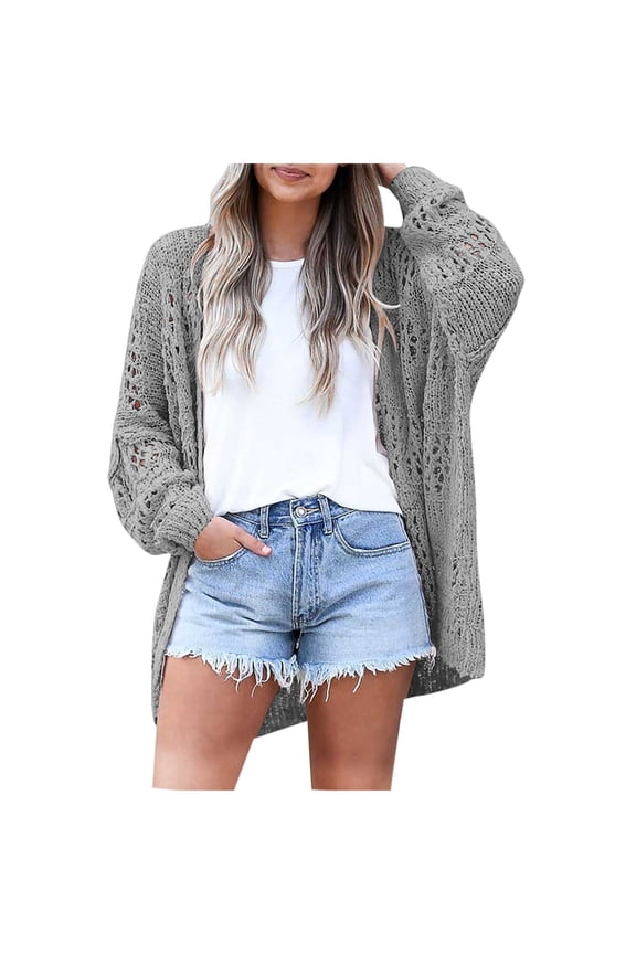 Womens Crochet Cardigan Sweater Boho Solid Color Oversized Fall Cardigans Open Front Long Sleeve Outerwear Gray XXL