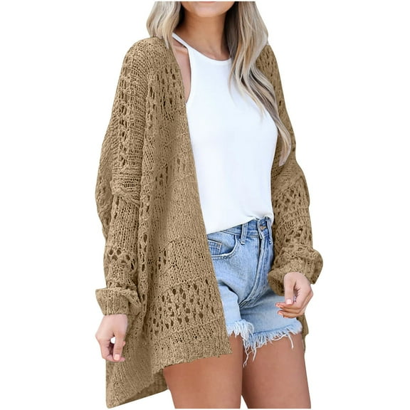 UYISJ Womens Crochet Cardigan Sweaters Long Sleeve Boho Oversized Open Front Outerwear Casual Hollow Out Beach Knitwear Tops Brown M