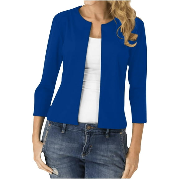 UYISJ Womens Cropped Blazer Casual Business 3/4 Sleeve Collarless Open Front Cardigan Work Jacket Shrug Tops Blue L