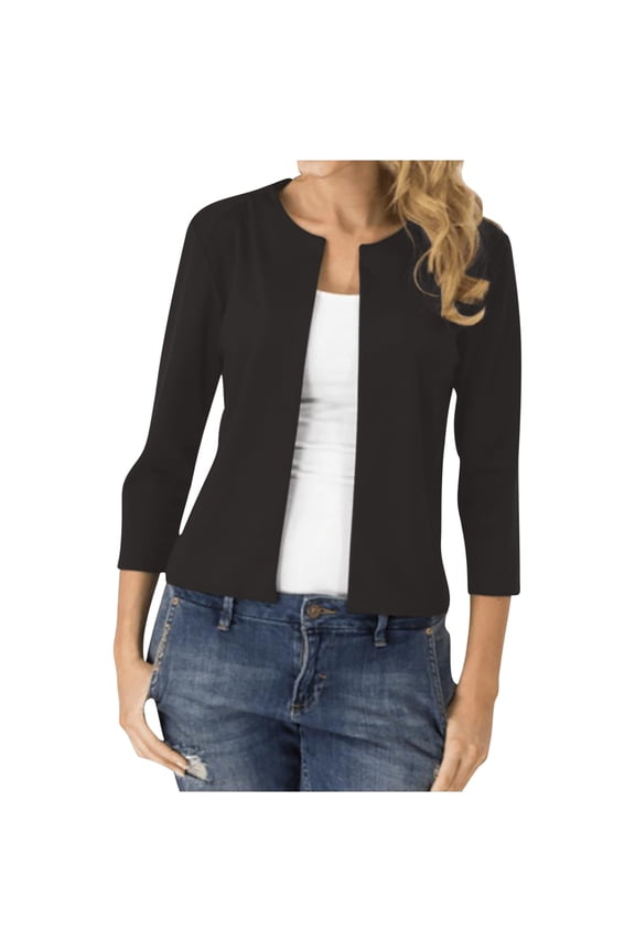 Womens Cropped Blazer Casual Business 3/4 Sleeve Collarless Open Front Cardigan Work Jacket Shrug Tops L