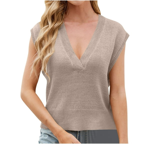 UYISJ Womens Cropped Sweater Vest V Neck Crop Knit Casual Loose Fit T Shirts Summer Trendy Sleeveless Chunky Tank Tops Khaki XL