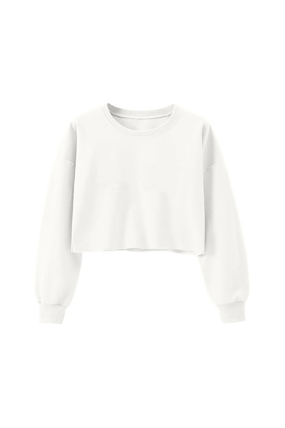 Womens Cropped Sweatshirt Long Sleeves Crew Neck Crop Tops Casual Solid Color Tops Loose Fit Pullover Sweatshirt White L