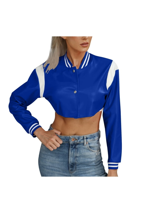 Womens Cropped Varsity Letterman Bomber Jackets Long Sleeve Button Down Fall Casual Baseball Fall Winter Coat Blue L