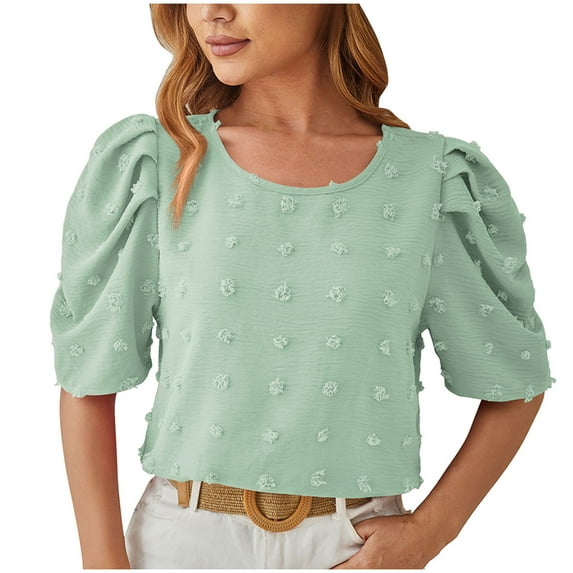 UYISJ Womens Cute Summer Tops Crew Neck Puffy Short Sleeve Blouse Swiss Dot Loose Fit Solid Color Shirts 2024 Trendy