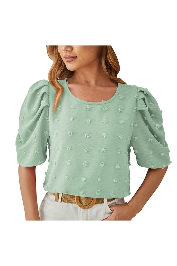 Womens Cute Summer Tops Crew Neck Puffy Short Sleeve Blouse Swiss Dot Loose Fit Solid Color Shirts 2024 Trendy