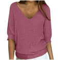 thumbnail image 1 of UYISJ Womens Fall Sweater Three Quarters Length Sleeve Tops Solid Color Knit Pullover Ladies Plus Size V Neck Blouses Hot Pink 4XL, 1 of 6