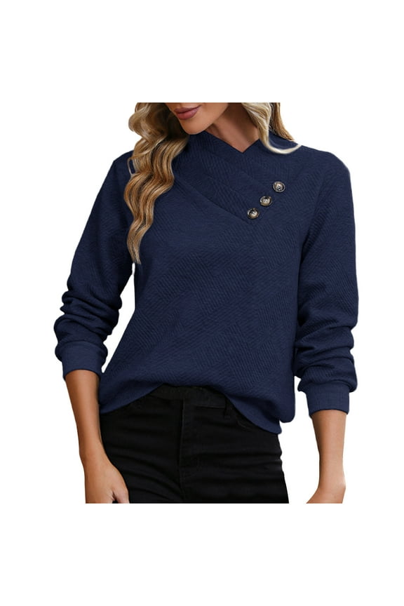Womens Fashion Fall Clothes Long Sleeve Shirts Trendy Tunic Tops Dressy Casual Ladies Fall Solid Color Shirt Dark Blue XL