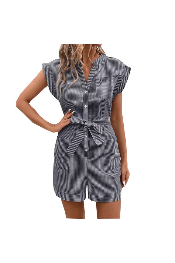 Womens Jumpsuits Dressy Striped Button V Neck Shorts Romper Comfy Business Work Overalls One Piece Jumpsuit with Pockets Navy M