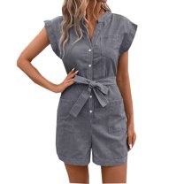 UYISJ Womens Jumpsuits Dressy Striped Button V Neck Shorts Romper Comfy Business Work Overalls One Piece Jumpsuit with Pockets Navy XL