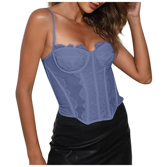 UYISJ Womens Lace Bustier Mesh Sexy Vintage Spaghetti Strap Open Back Boned Corset Going Out Party Crop Top