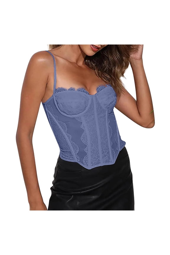 Womens Lace Bustier Mesh Sexy Vintage Spaghetti Strap Open Back Boned Corset Going Out Party Crop Top