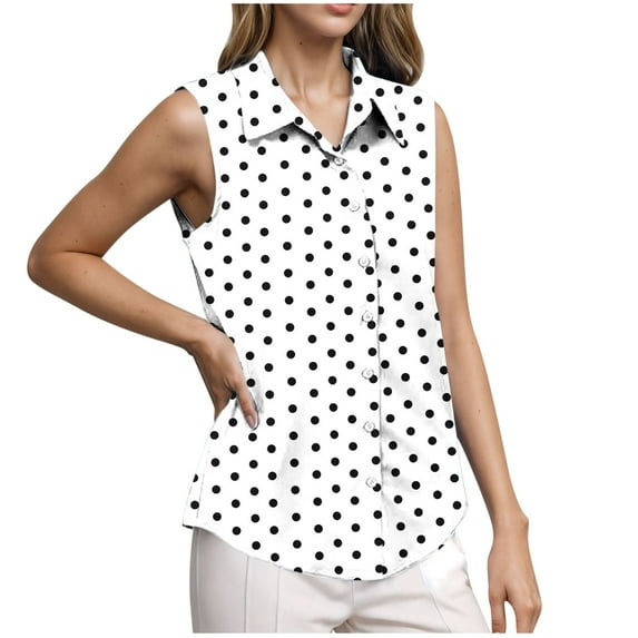 UYISJ Womens Lapel Tank Tops Vintage Polka Dots Button Down Sleeveless Shirts Summer Office Shirts Ladies Blouse White M