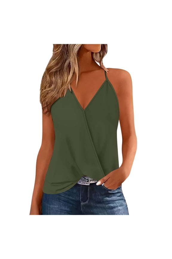 Womens Linen Tank Top Sleeveless V Neck Wrap Camis Tops Dressy Casual Spaghetti Strap Camisole Summer Club Party Tees Z-Army Green S