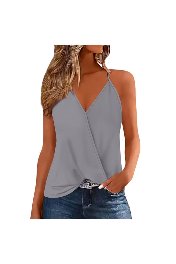 Womens Linen Tank Top Sleeveless V Neck Wrap Camis Tops Dressy Casual Spaghetti Strap Camisole Summer Club Party Tees Z-Gray S