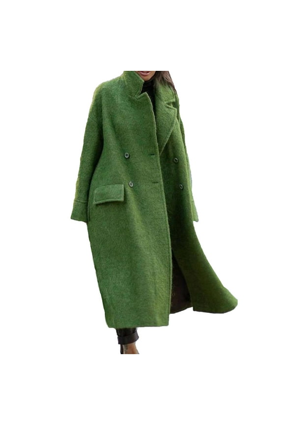 Womens Long Peacoats Wool Blend Ankle Length Business Casual Trench Coats Long Sleeve Button Down Solid Color Dressy Jackets Green S