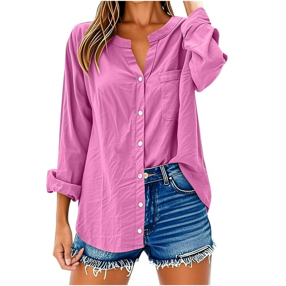 UYISJ Womens Long Sleeve Button Down Shirts Cotton Linen Collared V Neck Tops Casual Loose Fit Plus Size Blouses Pink L