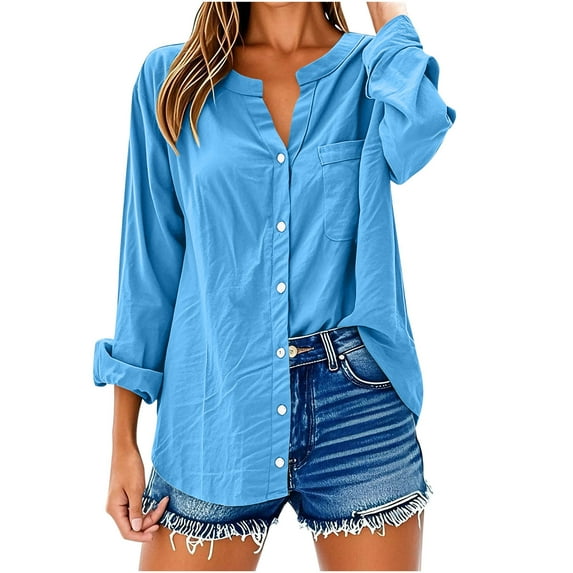 UYISJ Womens Long Sleeve Button Down Shirts Cotton Linen Collared V Neck Tops Casual Loose Fit Plus Size Blouses Z-Sky Blue 3XL