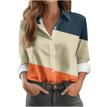 UYISJ Womens Long Sleeve Button Down Shirts Dressy Casual V Neck Shirts Office Work Blouses Loose Fit Tunic Tops Tshirts Orange 3XL