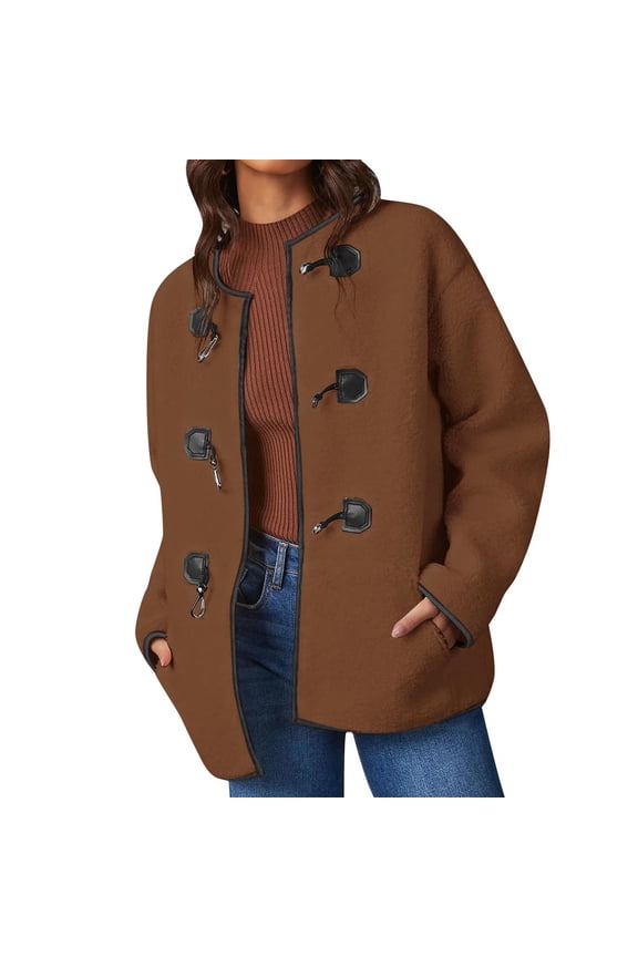 Womens Long Sleeve Jackets Fashion Faux Shearling Oversized Color Block Button Jacket Coats Thick Loose Fit Outerwear Brown L