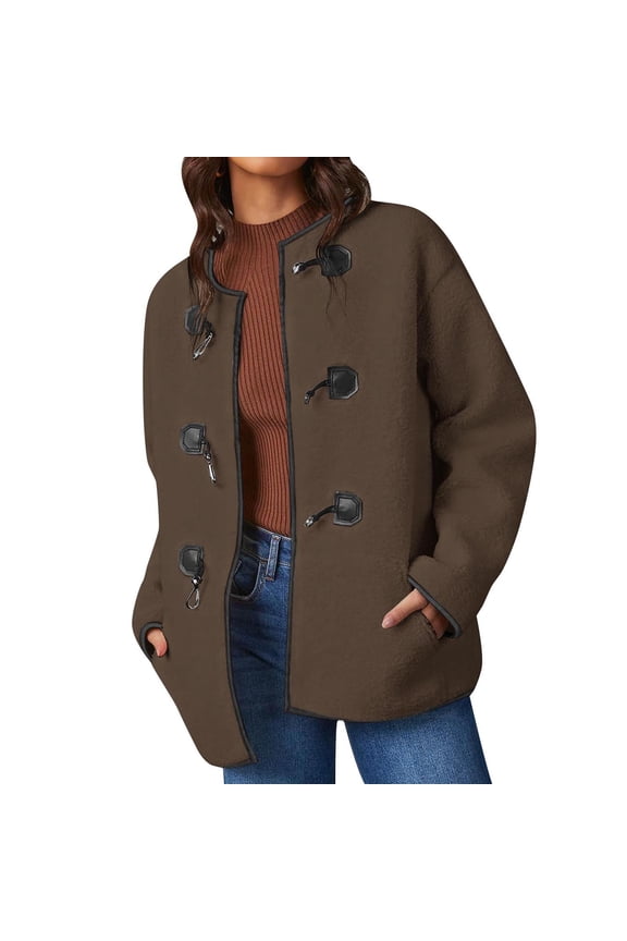 Womens Long Sleeve Jackets Fashion Faux Shearling Oversized Color Block Button Jacket Coats Thick Loose Fit Outerwear Coffee S