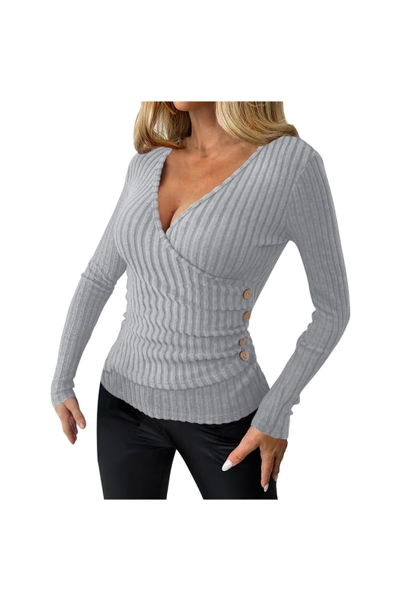 Womens Long Sleeve T Shirts V Neck Ribbed Knit Side Button Tunic Tops Slim Fit Lightweight Sweater Fall Casual Work Tops L