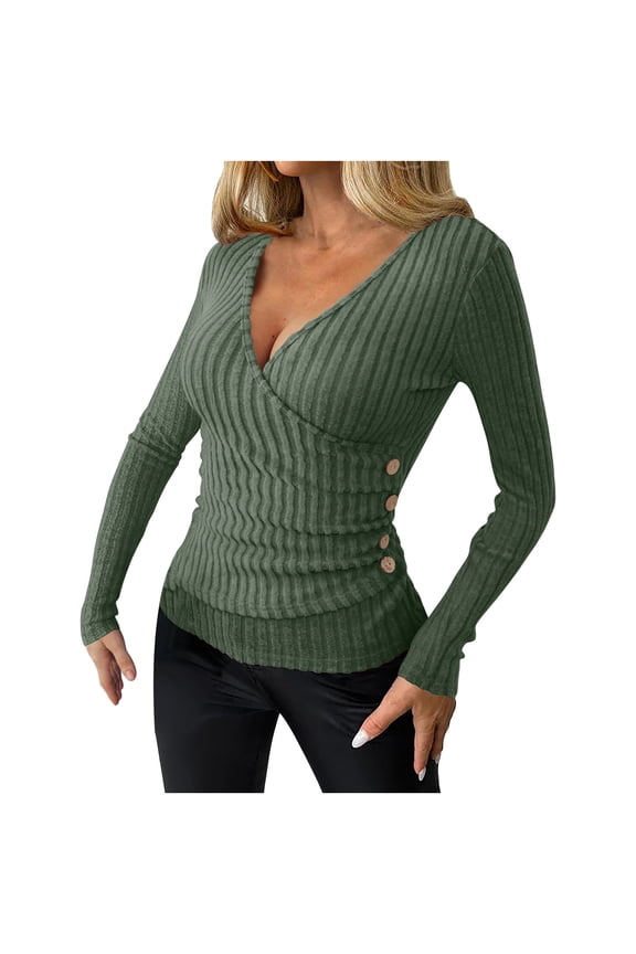 Womens Long Sleeve T Shirts V Neck Ribbed Knit Side Button Tunic Tops Slim Fit Lightweight Sweater Fall Casual Work Tops S