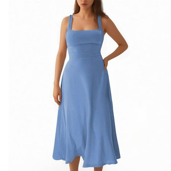 UYISJ Womens Maxi Dress Square Neck Sleeveless Tank Dress Spaghetti Tie Back Dress Slim Fit Elegant Solid Color Swing Soft Comfy Long Dress Light Blue S