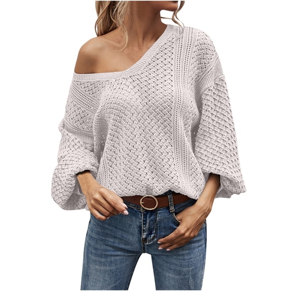 UYISJ Womens Off The Shoulder Sweater Top Fall V Neck Oversized Knit Tops Batwing Long Sleeve Crochet Pullover Sweaters Beige L
