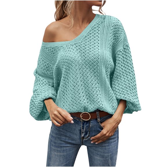 UYISJ Womens Off The Shoulder Sweater Top Fall V Neck Oversized Knit Tops Batwing Long Sleeve Crochet Pullover Sweaters Green S