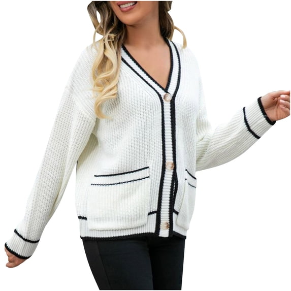 UYISJ Womens Open Front Cardigan Button Down Striped Sweater Casual Loose Fitting V Neck Knit Coat Fall Long Sleeve Tops L