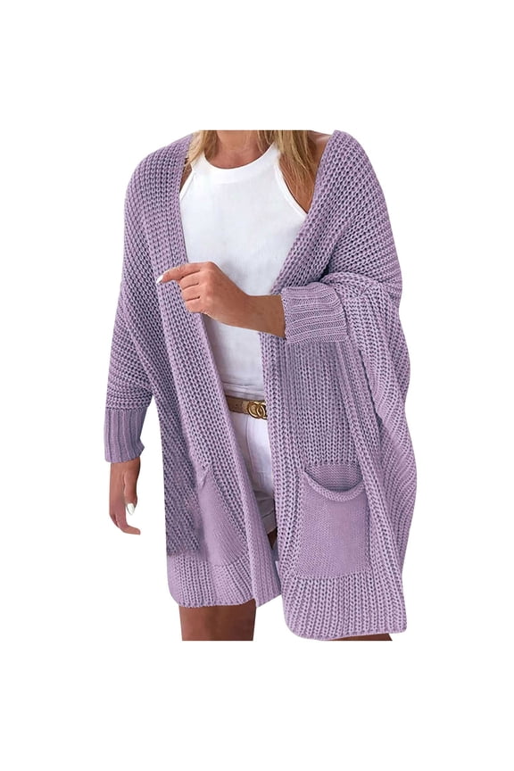 Womens Open Front Casual Cardigan Batwing Sleeve Loose Sweaters Oversized Shawl Collar Sweater with Pockets Purple S