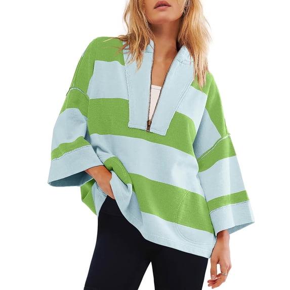 UYISJ Womens Oversized Striped Shirt Half Zip Sweatshirt Color Block V Neck Top Casual Loose Pullover Y2k Bell Sleeve Top Green M
