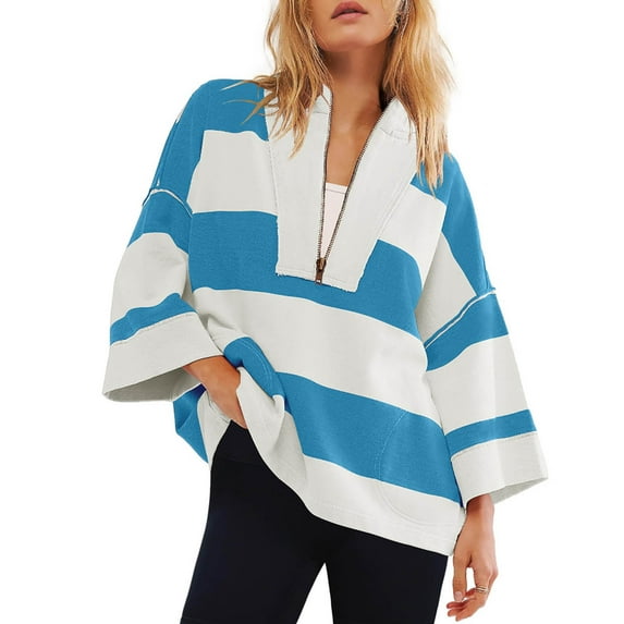 UYISJ Womens Oversized Striped Shirt Half Zip Sweatshirt Color Block V Neck Top Casual Loose Pullover Y2k Bell Sleeve Top Sky Blue XL