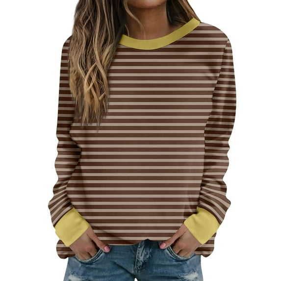 UYISJ Womens Oversized Striped Tops Color Block Sweatshirts Long Sleeve Crewneck Casual Loose Fitting Pullovers Tops Shirts Coffee 3XL