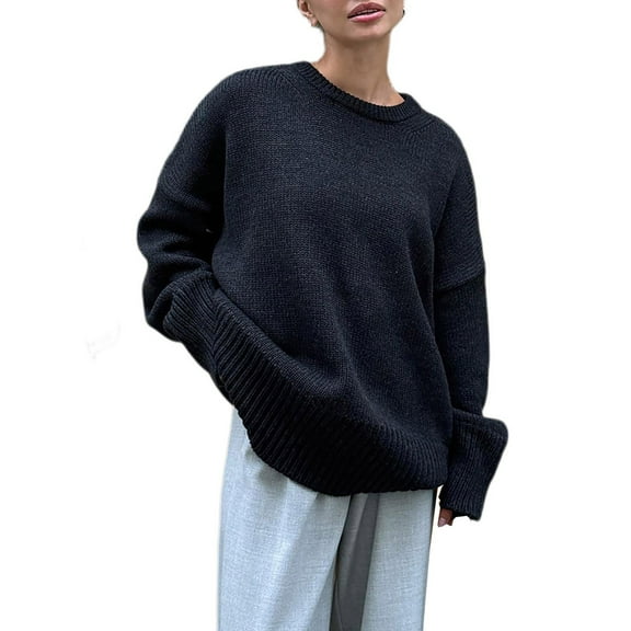 UYISJ Womens Oversized Tunic Sweaters Fall Slouchy Long Sleeve Ribbed Knit Tops Side Slit Pullover Solid Color Jumper L