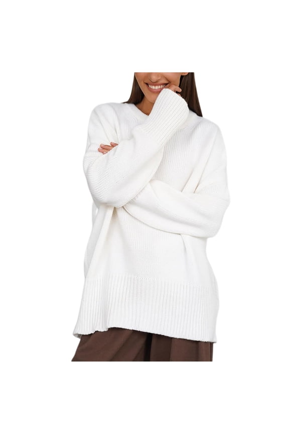 Womens Oversized Tunic Sweaters Fall Slouchy Long Sleeve Ribbed Knit Tops Side Slit Pullover Solid Color Jumper L