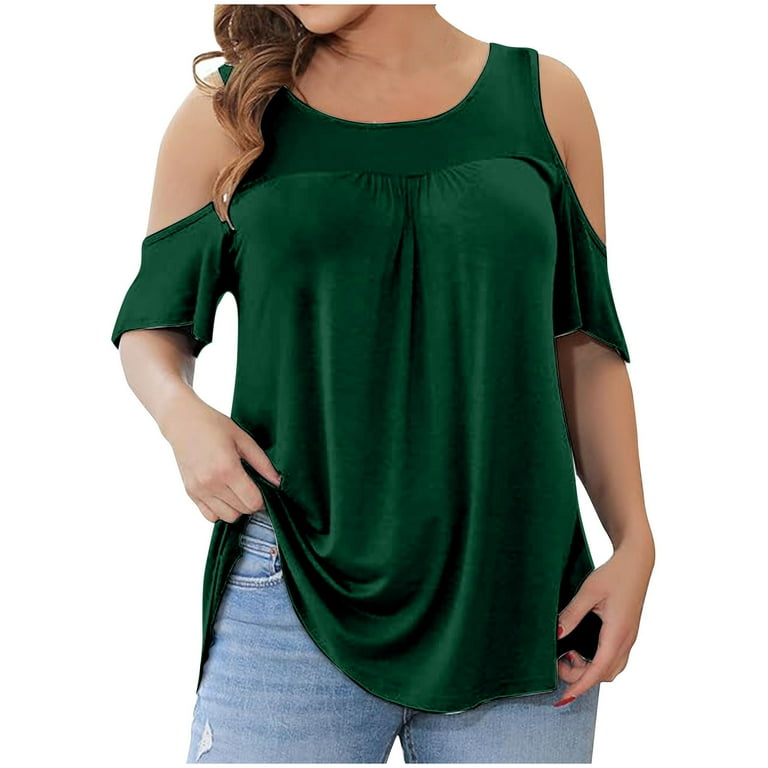 UYISJ Womens Plus Size Tops for Summer Cold Shoulder Scoop Neck Pleated Loose Fit Solid Color Casual Cute Shirts Blouse Walmart