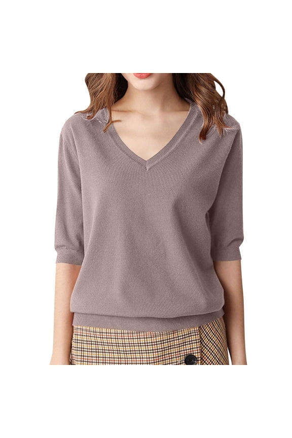 Womens Puff Half Sleeve Sweater V Neck Pullover Tops Ribbed Knit Sweater Blouse Casual Solid Color Knitwear Coffee XXL