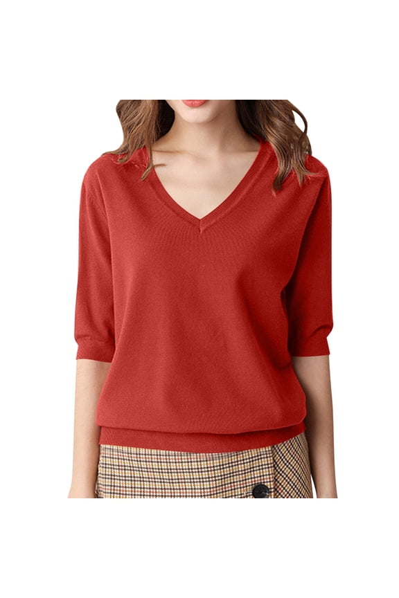 Womens Puff Half Sleeve Sweater V Neck Pullover Tops Ribbed Knit Sweater Blouse Casual Solid Color Knitwear Red XXL