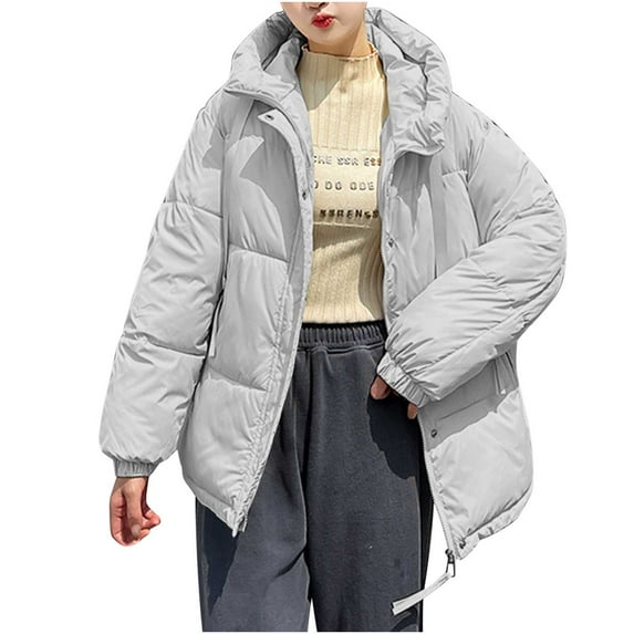 UYISJ Womens Puffer Jacket Full Zip Quilted Hooded Bubble Coats Padded Jacket Long Sleeve Winter Warm Coat with Pocket Gray M
