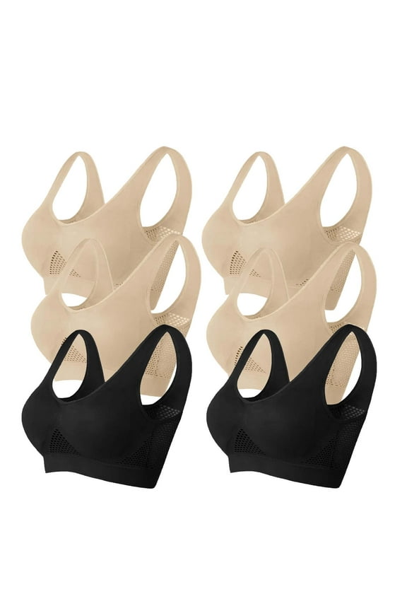 Womens Seamless Sports Bra Wireless Yoga Workout Bralette Breathable Eyelet Mesh Bra Soft Comfy Underwear Stretchy Bras 6 Packs