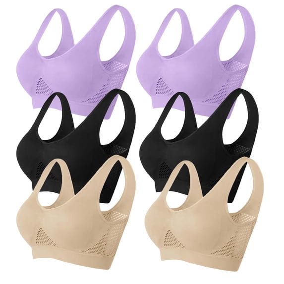 UYISJ Womens Seamless Sports Bra Wireless Yoga Workout Bralette Breathable Eyelet Mesh Bra Soft Comfy Underwear Stretchy Bras 6 Packs