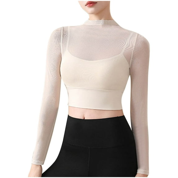UYISJ Womens Sheer Mesh Crop Top Long Sleeve Mock Neck Tops Casual Slim Workout Yoga Fitness T Shirts White S
