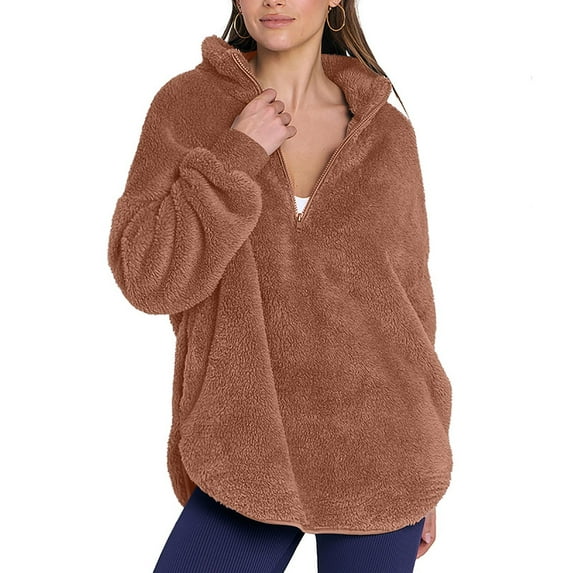 UYISJ Womens Sherpa Fleece Shirts Half Zip Up Oversized Winter Tops Warm Long Sleeve Lapel Collar Sweatshirt Brown S