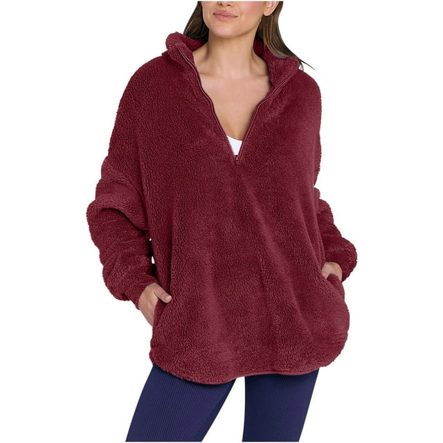 UYISJ Womens Sherpa Fleece Shirts Half Zip Up Oversized Winter Tops Warm Long Sleeve Lapel Collar Sweatshirt Red XL