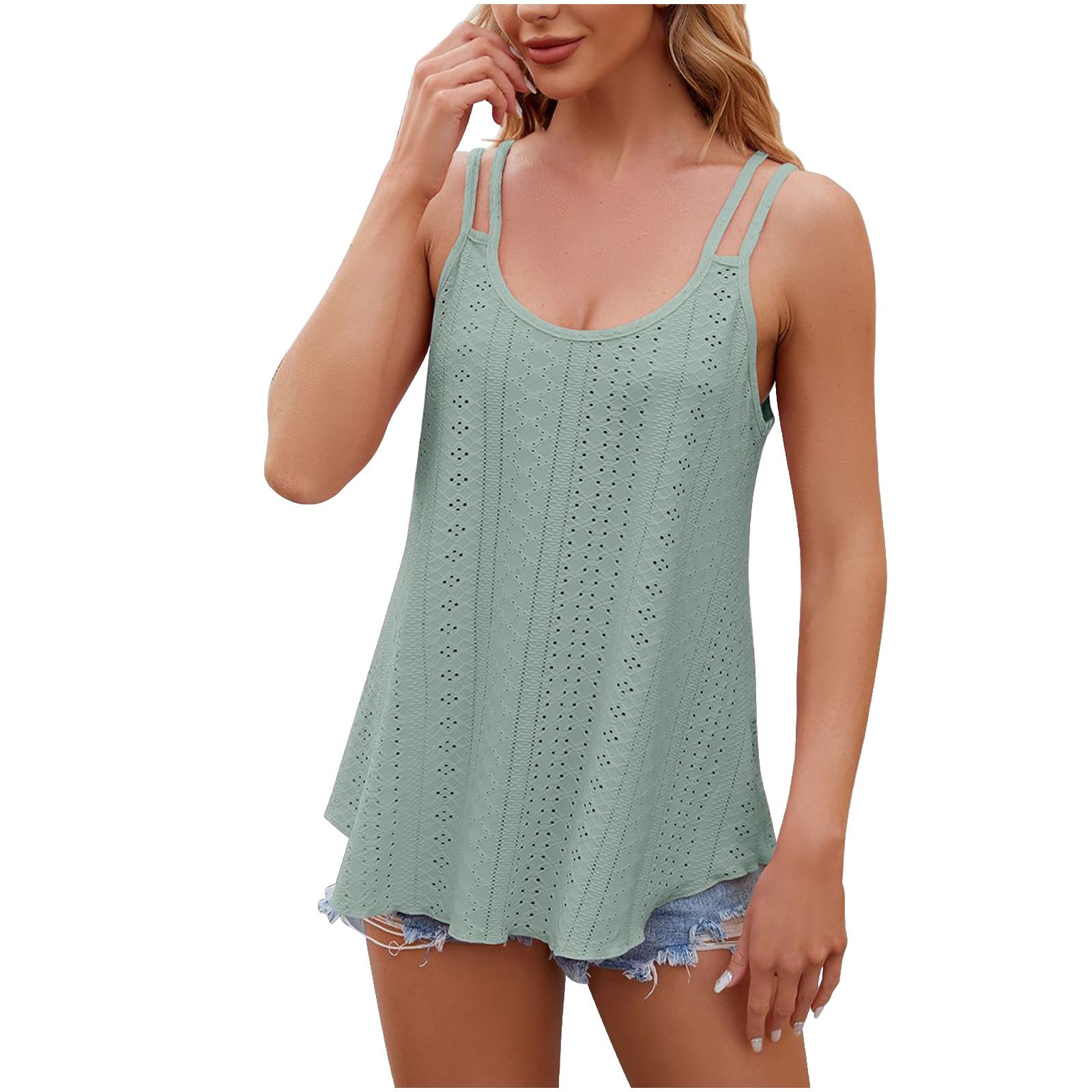 UYISJ Womens Sleeveless Tank Tops Eyelet Embroidery Spaghetti Strap ...