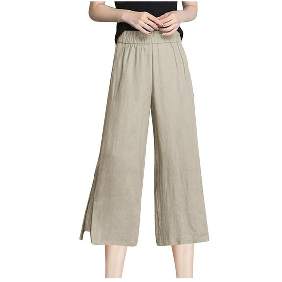UYISJ Womens Summer Capri Pants Linen Cotton Elastic High Waist Casual Side Slit Solid Color Loose Fit Wide Leg Cropped Pants